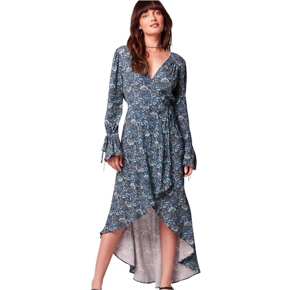 BAND OF THE FREE Floral Wrap Maxi Dress XS Teal Boho Hi Low NWT